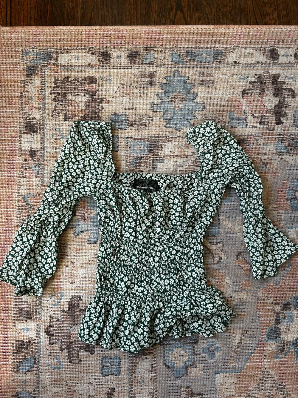 Reformation Green Daisy-Print Square-Neck Puff Sleeve Top